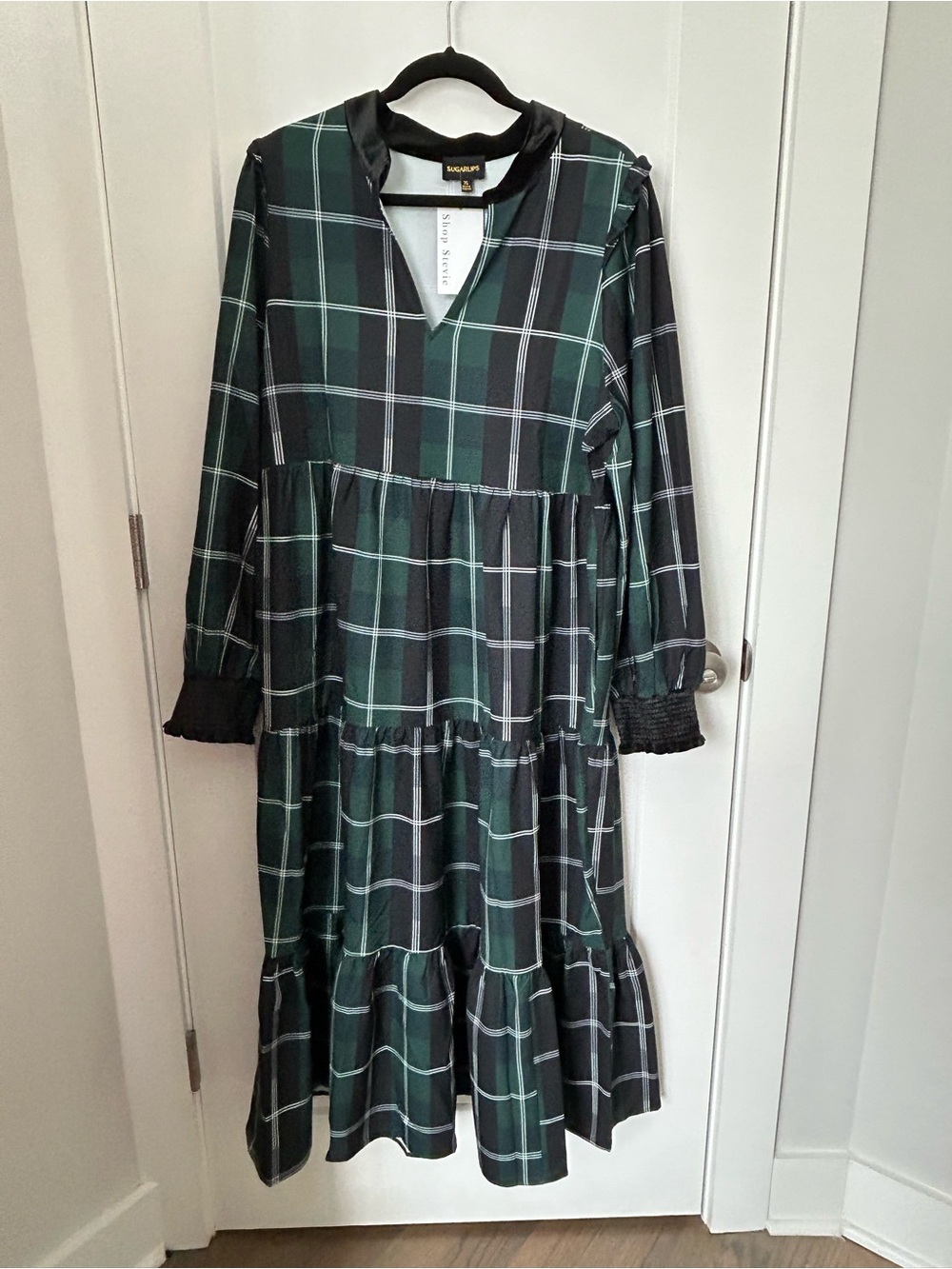 Sugarlips Green and Black Plaid Tiered Long Sleeve Dress